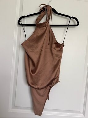 RO&DE Satin Halter Top, Open Back with Tie Brown Bodysuit